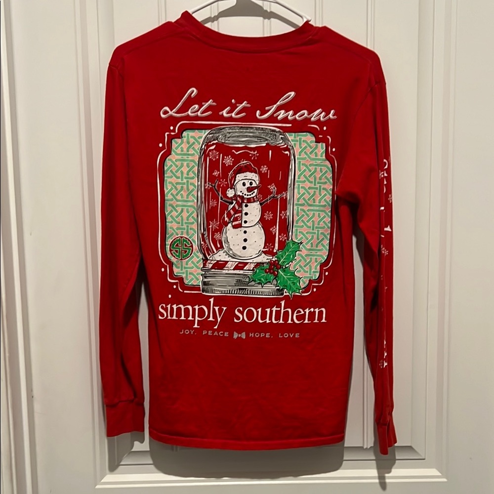 Simply Southern Red Long Small Sleeve Tee with Festive Snowman Design